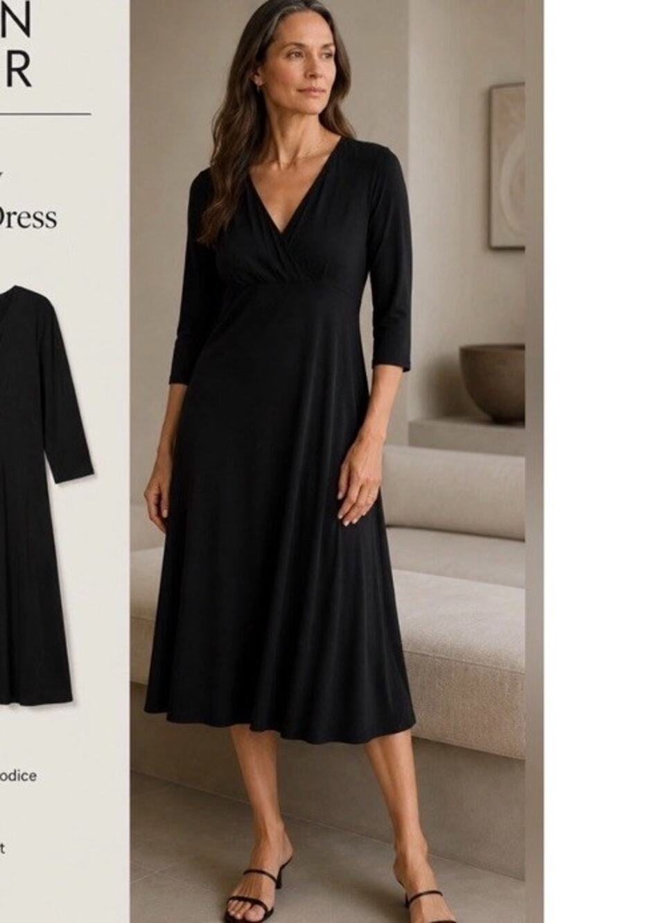 Eileen Fisher 100% Silk Jersey Surplice Midi Dress 3/4 Sleeve Black Dress Med